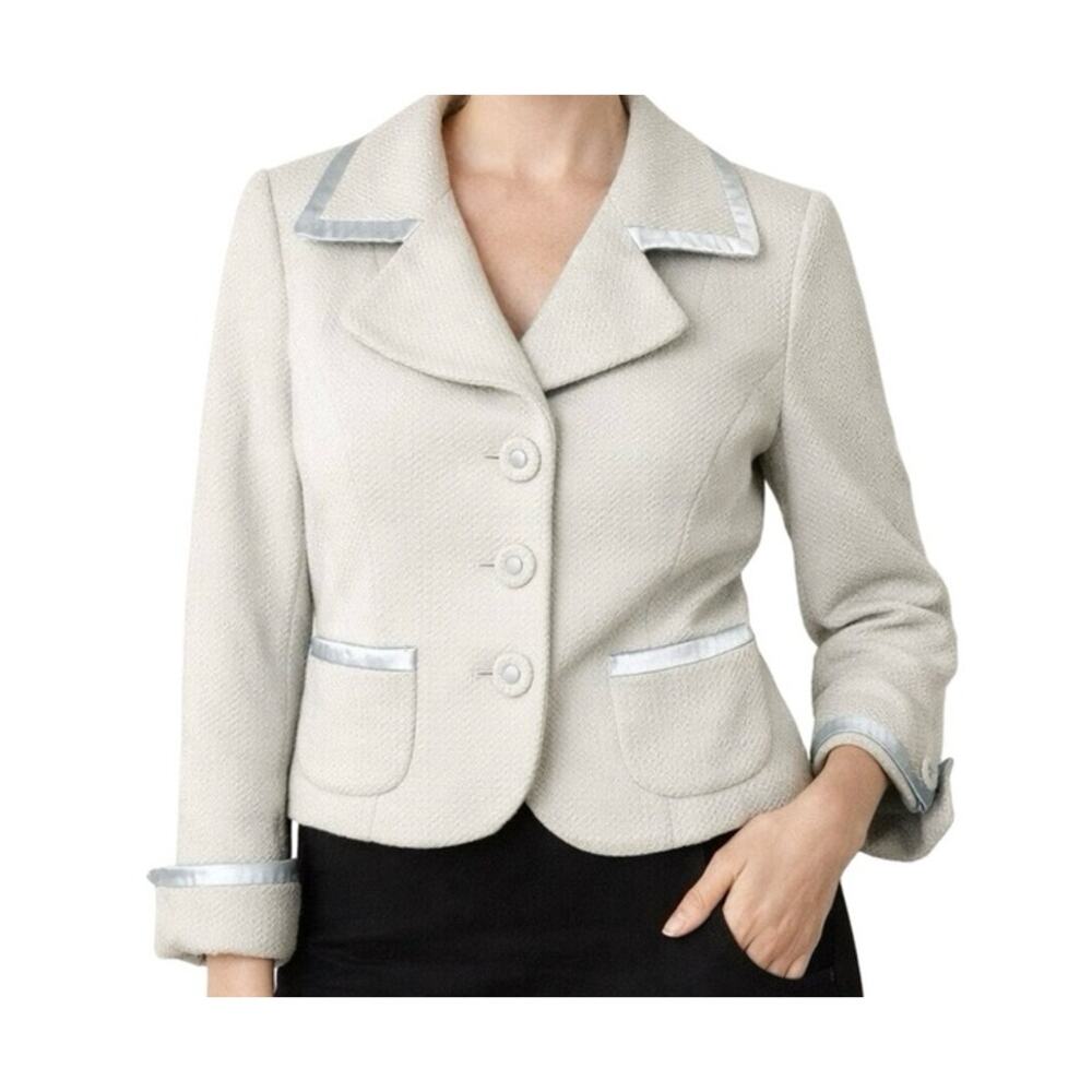 Bebe Jacket Womens Size XS Blue Wool Angora Cropped Blazer Tailored Satin Trim